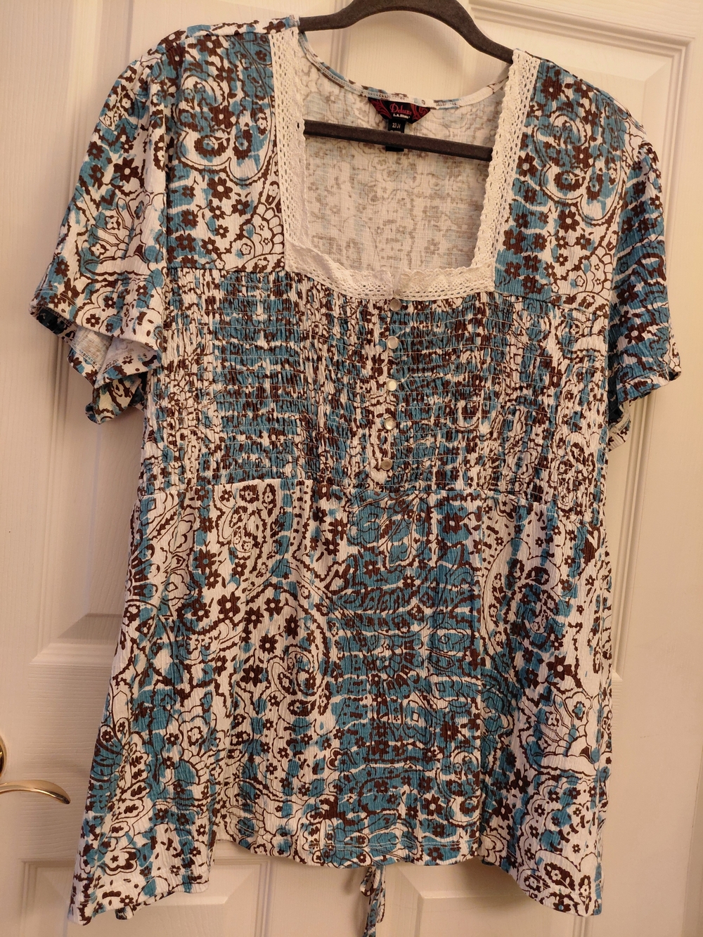 L.A. Blues Blue and Brown Paisley Lace-Trim Smocked Blouse Size 22/24